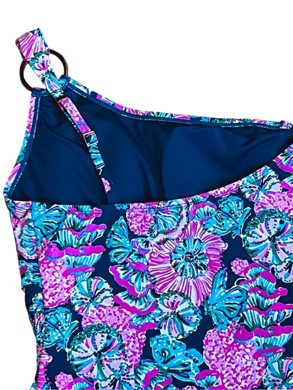 Lilly Pulitzer Women 10 Pink Blue Floral Leola Swimsuit One Piece Asymmetrical - Picture 7 of 12